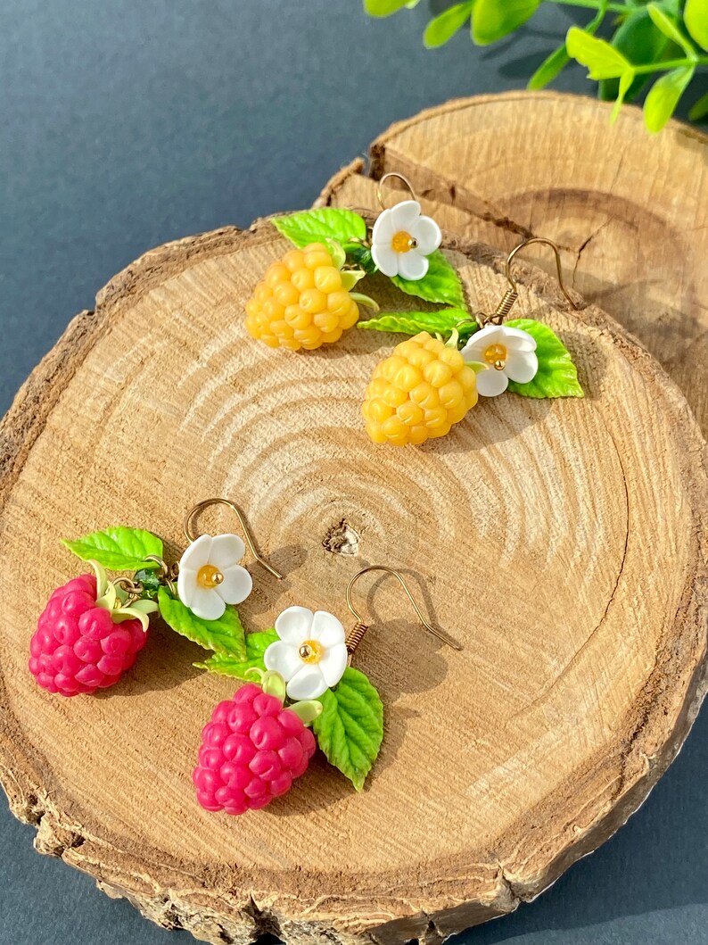Realistic Raspberry Earrings polymer clay Wild berries jewelry Cute Raspberry earrings Juicy berries Red Yellow raspberry Fake food Gift her image 4