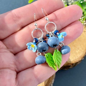 Cute blueberry earrings Drop blueberry earrings Blueberries dangle on the ring Blueberry cluster earrings Kawaii gift for her Berry earrings