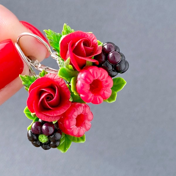 Raspberry and Blackberry Earrings with roses Berry earrings unique gift for her Miniature raspberry earrings Berry earrings gift for mom