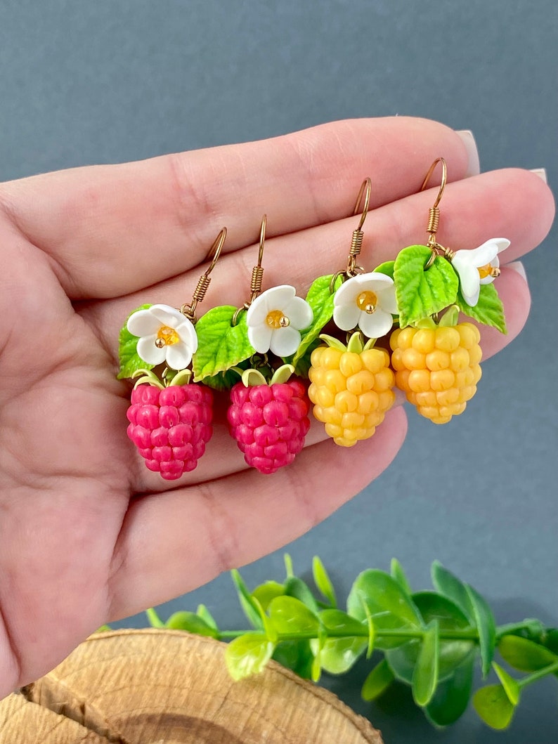 Realistic Raspberry Earrings polymer clay Wild berries jewelry Cute Raspberry earrings Juicy berries Red Yellow raspberry Fake food Gift her image 1