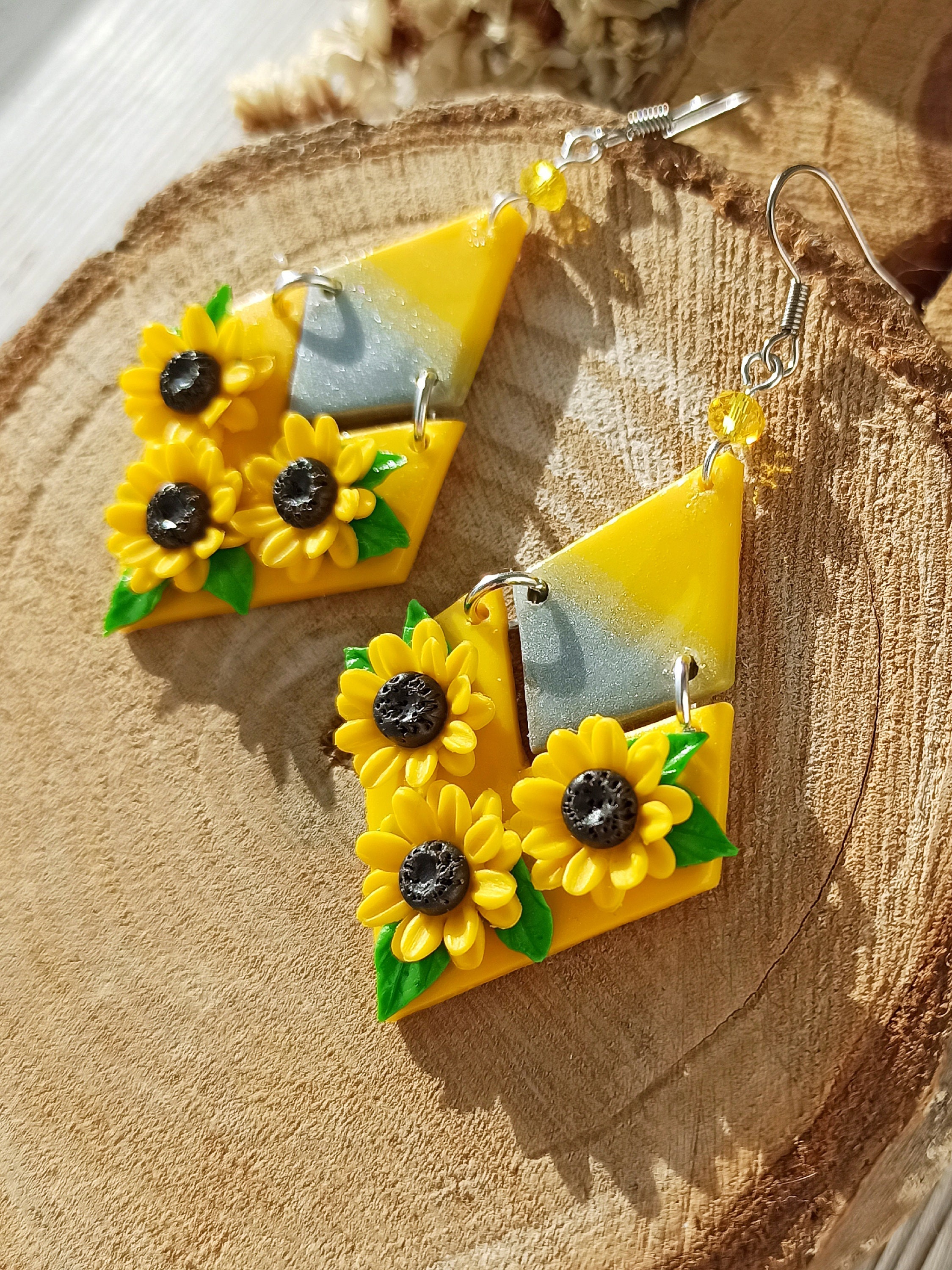 Yellow Sunflower polymer clay earrings Geometric dangle Etsy