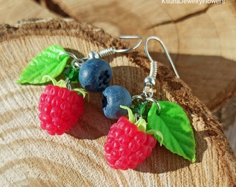 Raspberry earrings Blossom jewelry Cute fruit earrings Berry polymer clay Food jewelry Garden berries Realistic raspberry Floral jewelry