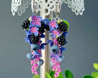 Blackberry earrings Berry statement earrings Garden miniature earrings Long chandelier earrings Gift for her Forest berries earrings