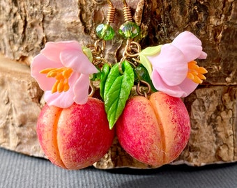 Cute Peach Earrings Blooming peach polymer clay Fruit jewelry Miniature food jewelry Peach cluster earrings Summer gift Gold earring peaches