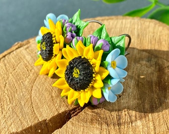 Sunflower Earrings  Wildflowers polymer clay Sunflower jewelry Forget-me-nots earrings Yellow Blue jewelry Birthday gift for her Bright