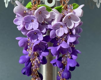Lilac Violet Ombre Floral Cluster Earrings: Gold Stud, Polymer Clay flowers Bridal Earrings