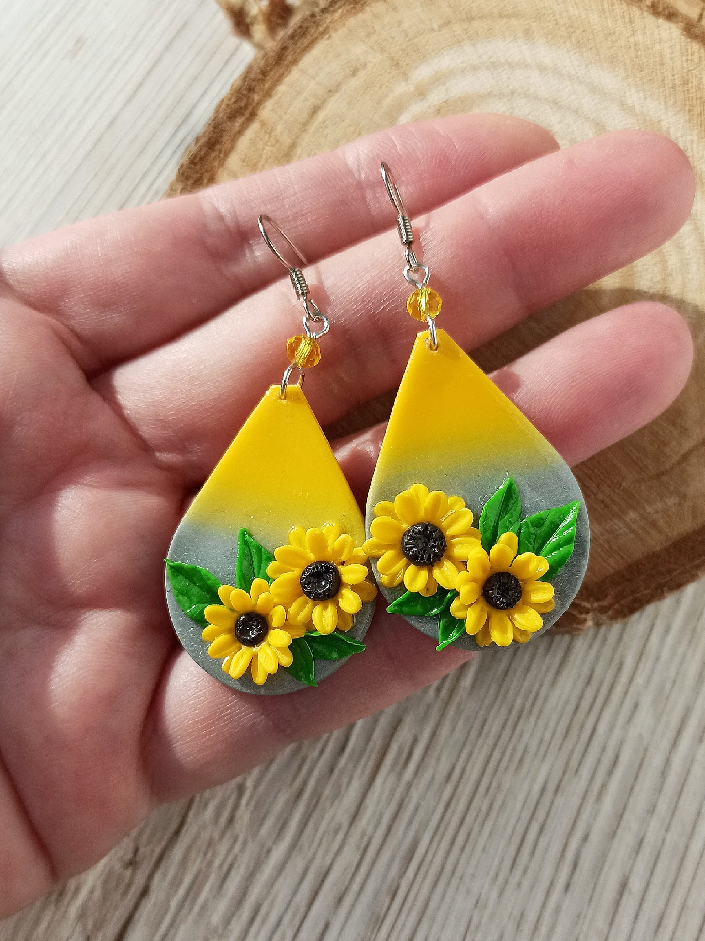 Sunflower polymer clay earring Floral statement earrings Etsy