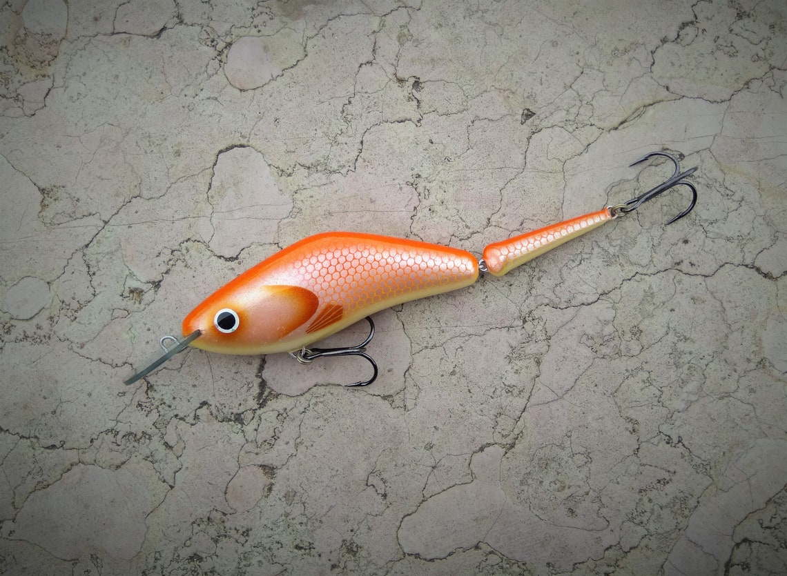 Custom Fishing Lure Handmade Jointed Wooden Lure Orange Etsy
