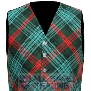 May include: A green, red, and black plaid vest with a V-neck and five silver buttons.