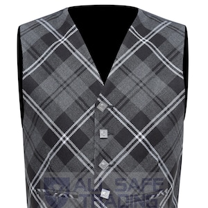 May include: A black and gray plaid vest with silver buttons. The vest has a V-neck and a pointed bottom.