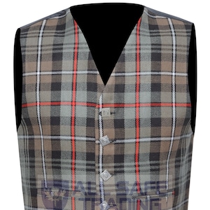 May include: A brown, gray, and red plaid vest with silver buttons. The vest has a V-neck and a pointed bottom.