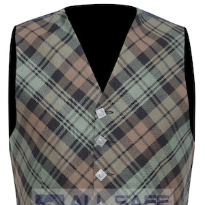 May include: A brown, green, and black plaid vest with silver buttons. The vest has a V-neck and a pointed bottom.