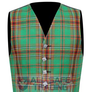 May include: A green, red, and yellow plaid vest with silver buttons.