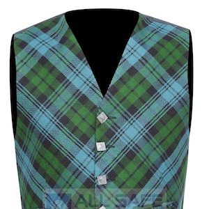 May include: A green and blue plaid vest with five silver buttons.