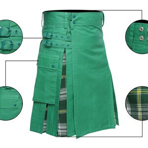 May include: A green utility kilt with a plaid lining and multiple pockets. The kilt has a buckle closure and a flap with a button closure.