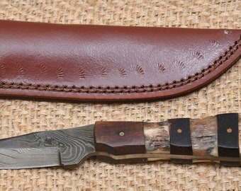 Damascus Pocket Knife,7.5" Hunting Knife,Skinner Knife,Dagger,Boyfriend,Husband Gift,Bonus Dad,Step Dad,Father In Law Gift, Art # 051