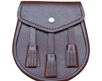 Brown Leather Traditional Day Kilt Sporran with Tassels, Kilt Accessory