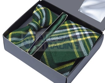 Premium Men’s Gift Tie Set,Heritage of Ireland Tartan Necktie Pocket Square Bowtie,Gents Necktie in 32 Various Tartans,Gift for Him,Scottish
