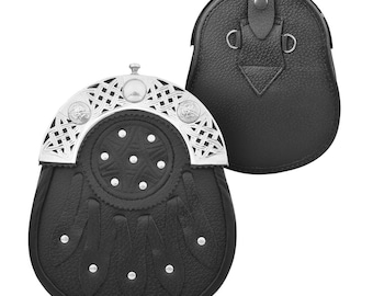 Scottish Men's Kilt Sporran With Free Chain And Belt, Handmade Black Leather Hunter Kilt Sporran For Traditional Kilt, Celtic, Gift for Him