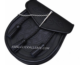 Scottish Men's Black Leather Kilt Sporran With Free Chain And Belt, Handmade Celtic Embossed Pin Sporran For Traditional Kilt, Gift for Him