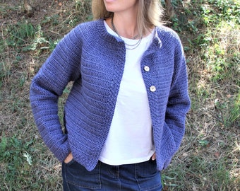 Crochet Cardigan Pattern: Bachelor's Button Slouchy Jacket, Round yoke (Size S-3XL) (PDF Pattern)