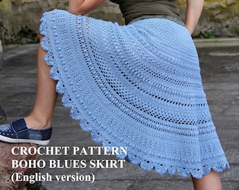 A-Line Crochet Skirt Pattern: Boho Blues, With long version, Sizes S-3XL (PDF Pattern)