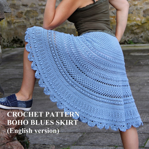A-line crochet skirt pattern Boho Blues size S - 3XL, Bohemian knee length skirts, Summer clothes, Casual clothing patterns,  Row by row