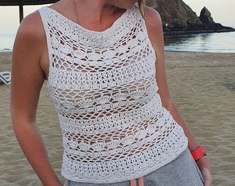 Crochet lace tank top Pattern Aster Size S-XL, Row by row summer clothing patterns, Crochet tee shirt, Sleeveless top, Easy crochet pattern