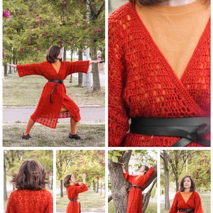 May include: A red crocheted cardigan with a long, open front and long sleeves. The cardigan is belted at the waist with a black belt. The cardigan is worn over a mustard yellow top.