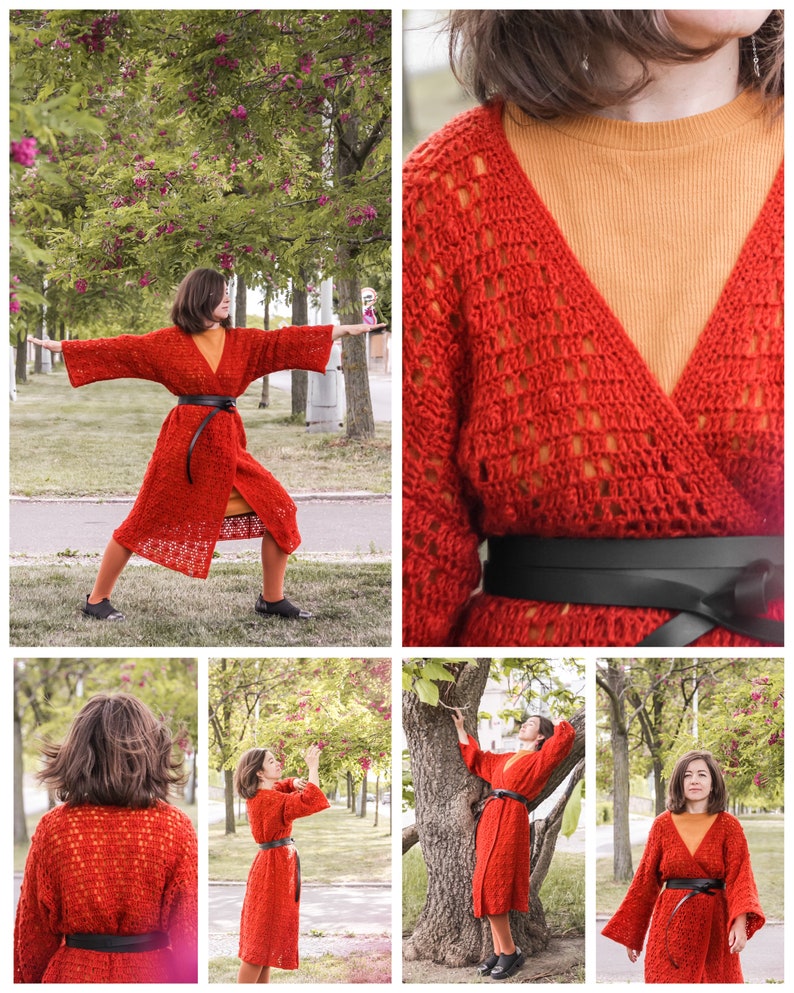May include: A red crocheted cardigan with a long, open front and long sleeves. The cardigan is belted at the waist with a black belt. The cardigan is worn over a mustard yellow top.