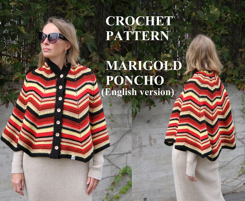 Chevron crochet poncho pattern Marigold One-size, Cloak pattern, Striped womens poncho, Cape coat pattern, Boho womens clothing patterns image 1