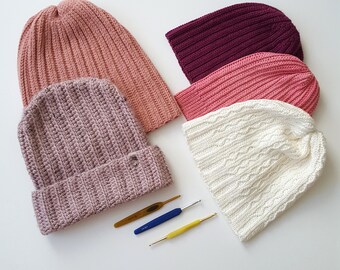 Set van 5 patronen gehaakte geribbelde beaniemuts: slouchy-stijl, peuter-tiener-volwassene (pdf-patroon)