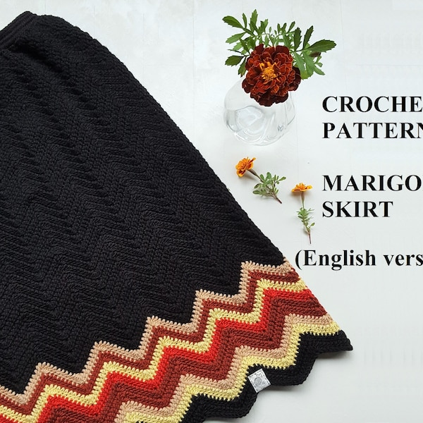 A-line chevron crochet skirt pattern Marigold size S - XXL, Casual clothes for women, Boho knee length skirt, Clothing crochet patterns