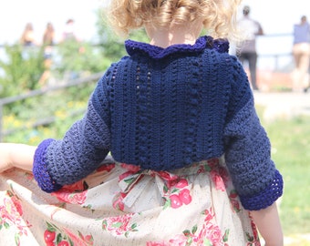 Haakpatroon voor een bolero/shrug voor meisjes, boho blauw peutervestje/cover-up 3-12 jaar, kinderkleding