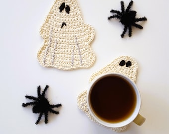 Halloween Crochet Coaster Pattern, Easy Ghost Mug Rug, Spider Web Decor,  2 Spooky Patterns