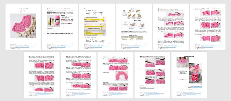 May include: A crochet pattern for a pink ruffled collar. The pattern includes instructions and diagrams for making the collar, as well as a photo of the finished product.
