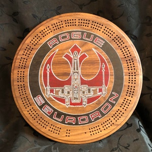 Rogue Squadron ~ 12 inch Round Crib Board - Solid Walnut Hardwood - Star Wars ~ Makes a great Gift - Handmade in Canada!