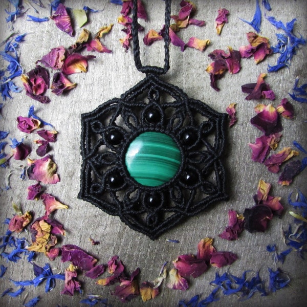 Malachite mandala flower micro macrame necklace in black with black onyx beads - valentines - crystal - festival - boho - bohemian - hippie