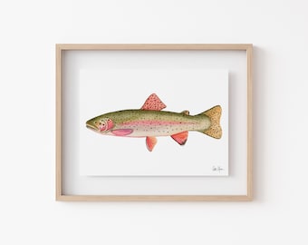 Rainbow Trout Print, Fish Painting Wall Decor, Fly Fishing Art, Cabin Wall Art