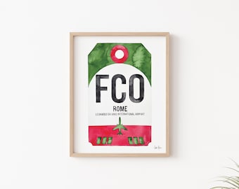 Impresión de Roma, Arte del código del aeropuerto de Leonardo da Vinci, Arte de etiqueta de equipaje, Póster de viaje