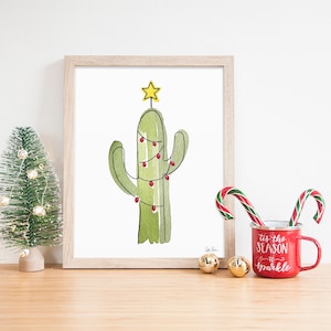 Kaktus Weihnachtsbaum Druck, Minimal Weihnachtswand Dekor, Boho Urlaub Kunst