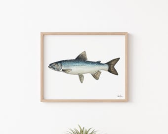 レイクトラウトのプリント：水彩画の魚の絵画、キャビンの壁アート