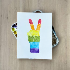 Rainbow Peace Sign: Original Watercolor Painting, ASL Art