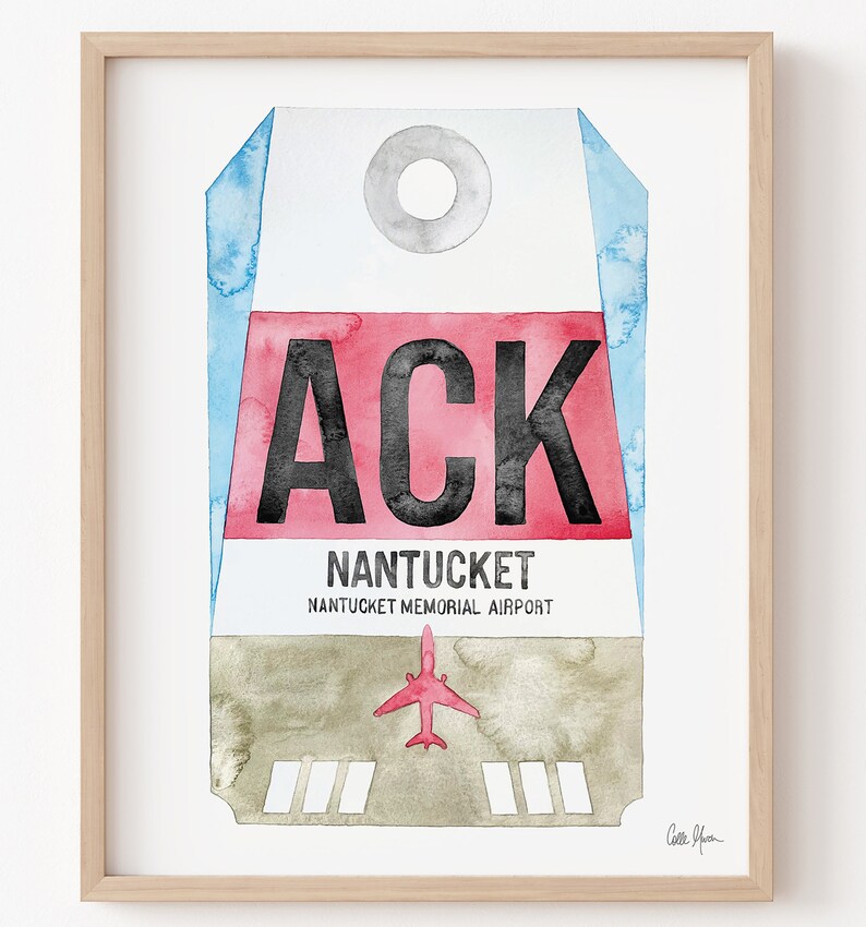 May include: A watercolor painting of a luggage tag with the airport code "ACK" for Nantucket Memorial Airport. The tag is red, white, and blue with a small airplane illustration.