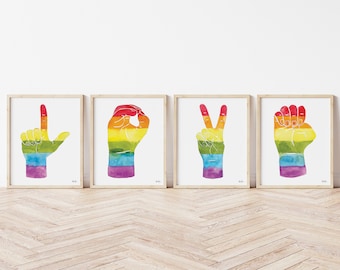Set of 4 LOVE Sign Language Prints, ASL Wall Decor, LGBTQ Art, Pride Rainbow Art