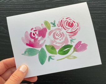 Painted Pink Flower Cards, Floral Note Card, Watercolor Notecard, Everyday Stationery