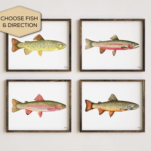 Set of 4 Trout Prints, Fish Painting Wall Decor, Fly Fishing Art, Cabin Wall Art, Fish Nursery Art