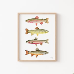 Trout Watercolor Print: Fly Fishing Cabin Wall Art