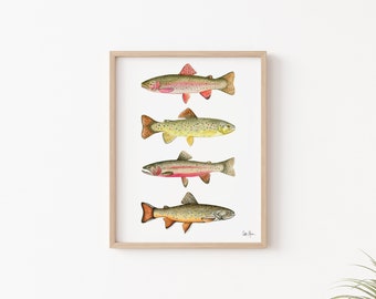 Four Trout Print, Fish Painting Wall Decor, Fly Fishing Art, Cabin Wall Art