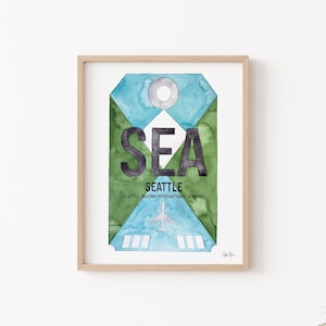 Seattle Print, Seattle-Tacoma Airport Code Art, Luggage Tag Art, Travel Poster